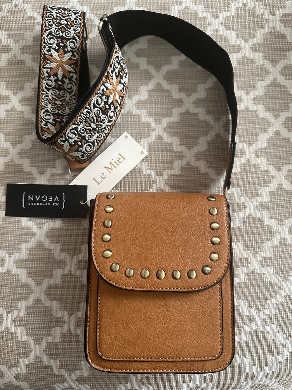 Le Miel Tan Studded Crossbody with Embroidered Strap